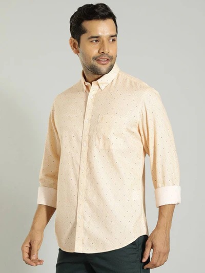 Indian Terrain Men's Slim Fit Full Sleeve Printed Peach Shirt